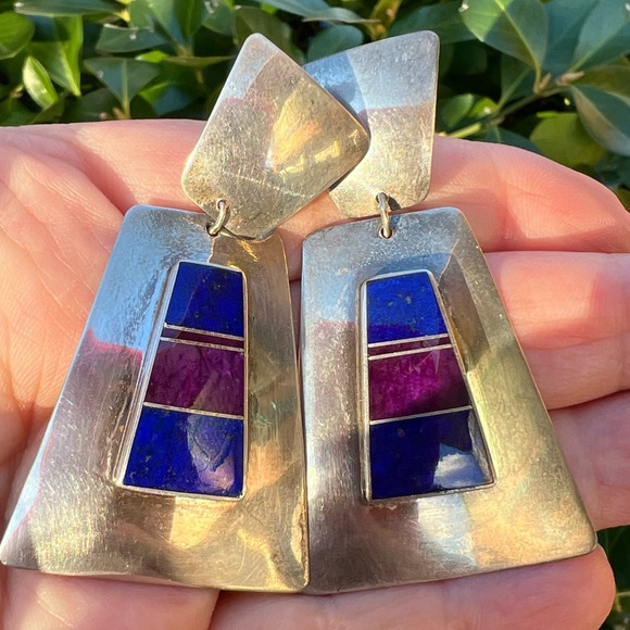 VINTAGE NAVAJO NATIVE AMERICAN SUGILITE LAPIS HUGE DROP DANGLE EARRINGS 925 SS